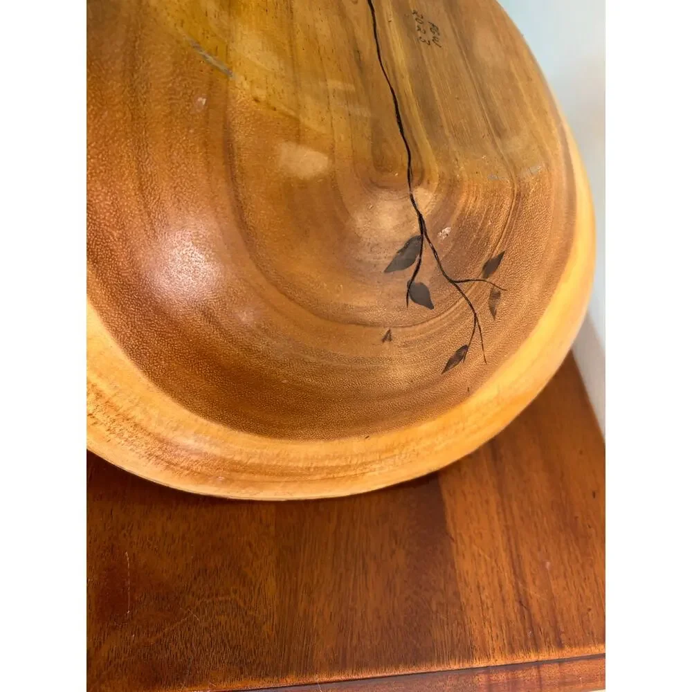 Vintage Olive Wood Look Live Edge Decorative Bowl with Burnt Floral Design